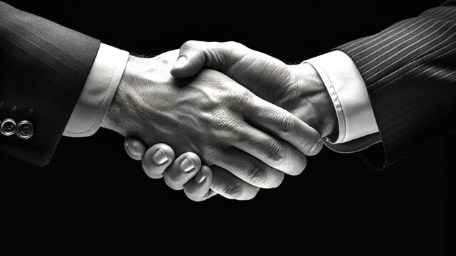 Two men in business suits shake hands, showcasing a moment of agreement or collaboration in a professional environment. This gesture signifies success and partnership