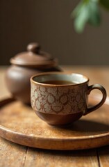 mocha mousse ceramic tea set with detailed patterns, arranged on natural wooden tray. minimalistic and calming atmosphere. home decor inspiration in color of the year 2025 tones, tea ceremony.