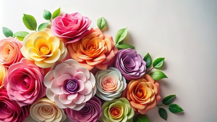 A lush arrangement of colorful paper roses against a soft white background with subtle texture and gentle folds, floral arrangement, still life