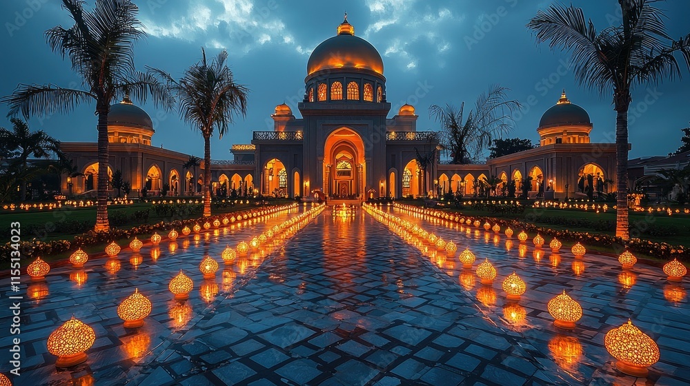 Poster illuminated palace with lanterns reflecting on a wet pathway under a moody sky.