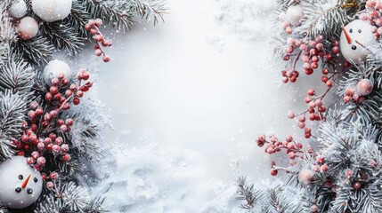 Festive Winter Wonderland Frame with Christmas Snowman and Frosty Pine Branches, Perfect for Holiday Greetings and Seasonal Designs