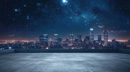 Empty square floor with city skyline in the background of night sky, meteors falling, illuminating buildings in the distance