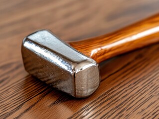 The lacquered wooden surface is decorated with a metal hammer with a wooden handle.