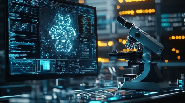 Futuristic Laboratory Microscope and Data Analysis on Computer Screen. - Powered by Adobe