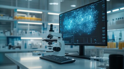 Fototapeta premium Modern Laboratory Workstation with Microscope and Data Visualization on Computer Screen.