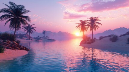 Pink sunset over tropical beach with palm trees and calm water.
