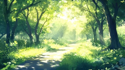 Obraz premium Sunlit Path Through Lush Green Forest Canopy