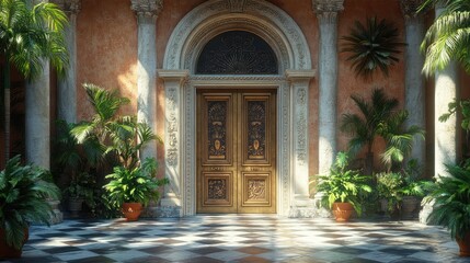 Fototapeta premium Elegant entrance with lush greenery and ornate doors.