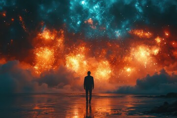 Solitary Figure Contemplating Celestial Fireworks