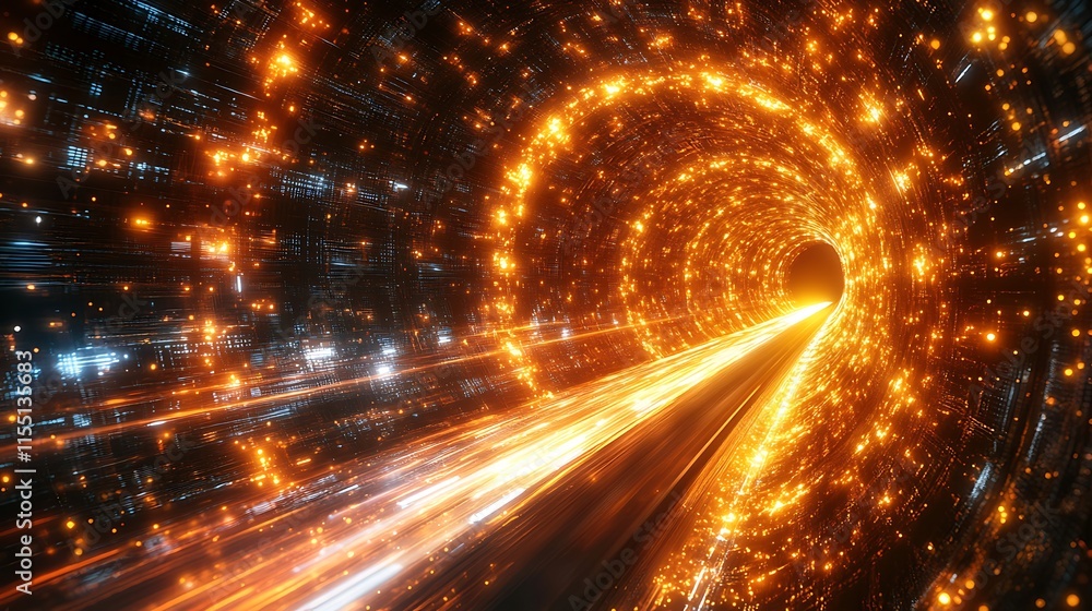 Poster glowing orange tunnel of light and data streams.