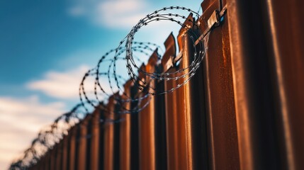 Sunset Silhouette of Prohibited Wire Barrier at State Border, A Stark Line Against Illegal Immigration