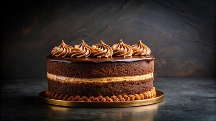 Rich dark chocolate cake with creamy frosting sits atop a sleek black background, surrounded by golden brown crust , #darkchocolate, #blackbackground