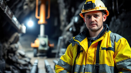Mine Worker in Safety Jacket and Helmet at Underground Mine