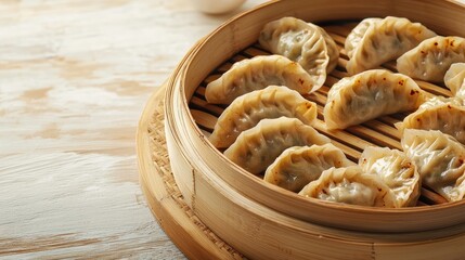 Delicious Steamed Dumplings in Bamboo Basket on Rustic Wooden Table with Warm Lighting