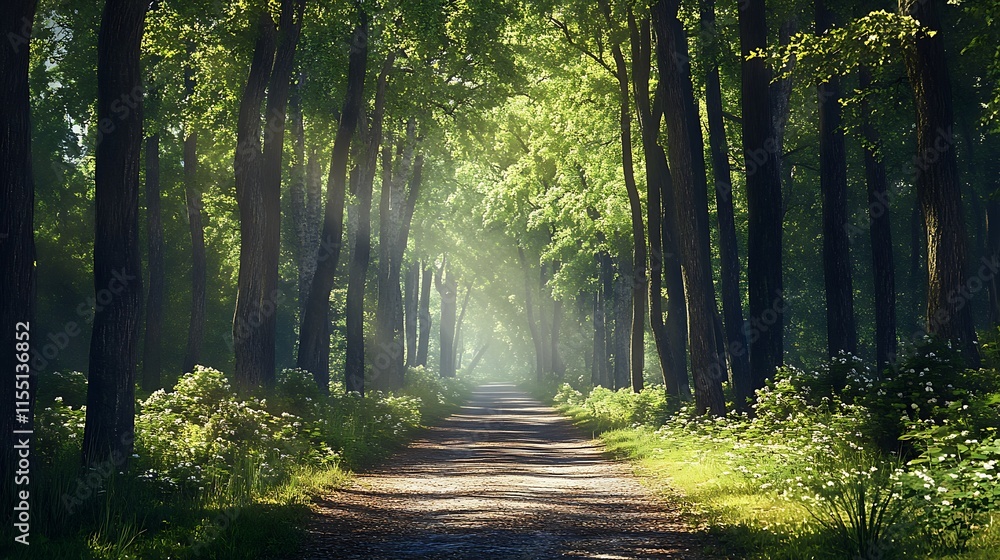 Poster sunlit path through lush green forest