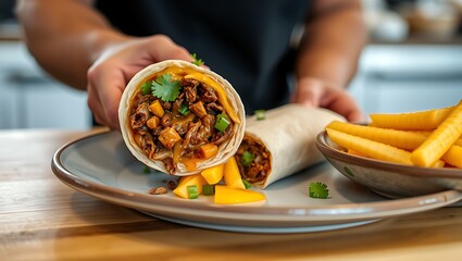 Traditional Mexican food, Beef burritos with meat and beans with vegetable