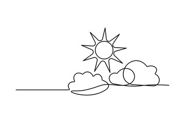 Continuous one line sun cloud drawing of outline vector icon

