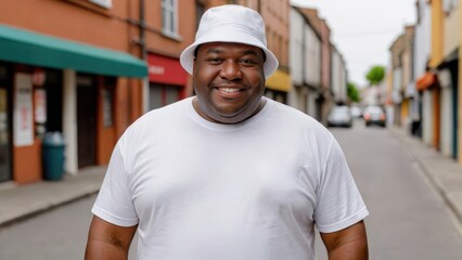Plus size black man wearing white t-shirt and white bucket hat standing in a city alley