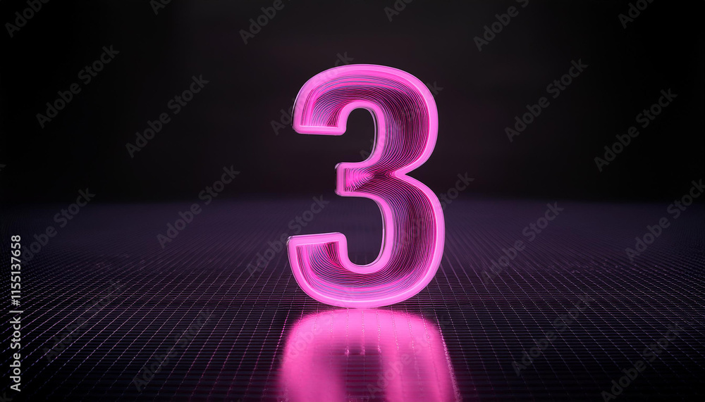 Poster neon number 3 three. 3d rendering. dark backdrop.