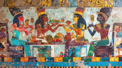 A colorful painting of ancient Egyptian nobles enjoying a feast, surrounded by food and beverages, with servants in the background.