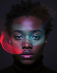 A man with a greenish blueish face. The face is blurred and the background is dark