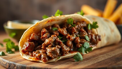 Traditional Mexican food, Beef burritos with meat and beans with vegetable