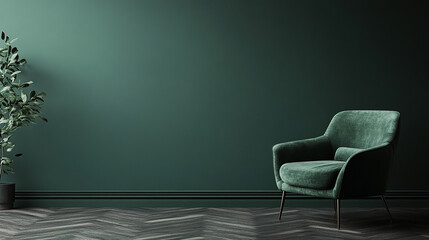 Living room with green armchair on empty dark green background