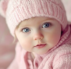 Adorable baby girl with big blue eyes wearing a pink knitted hat and cardigan.