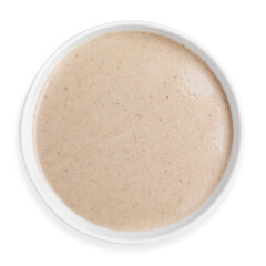 Cream of mushroom soup, on a white background, isolated. Top view.