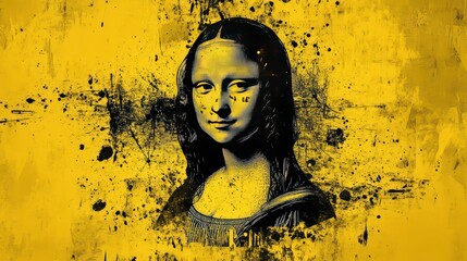mona lisa abstract digital portrait against yellow grunge background with black splatters