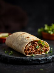 Traditional Mexican food, Beef burritos with meat and beans with vegetable