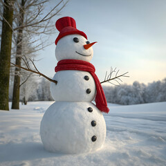 Obraz premium Cheerful Snowman in Winter Wonderland Red Hat, Scarf, Snow