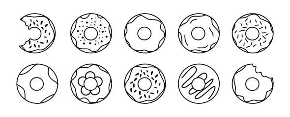 Icon set sweets donuts. Bakery products doodle art 
