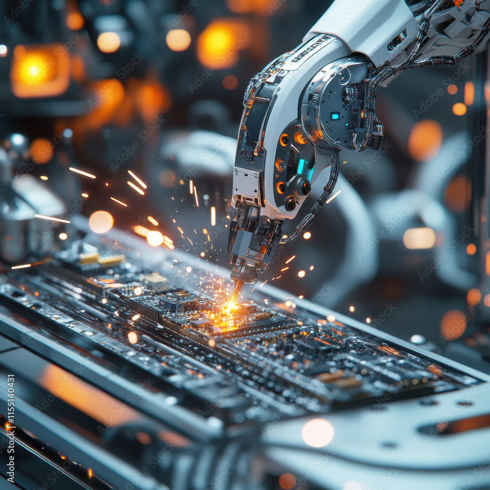 Poster robot arm performing precision tasks on a circuit board in an advanced manufacturing facility