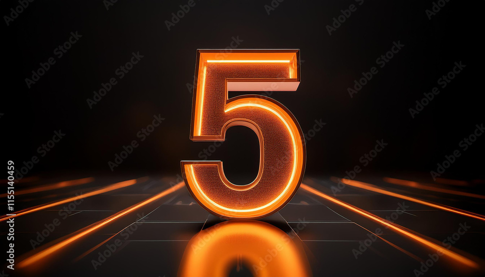 Poster neon number 5 five. 3d rendering. dark backdrop. close-up.