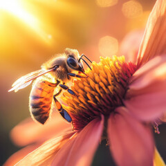 Bee collecting nectar from a flower during a vibrant sunset in a garden