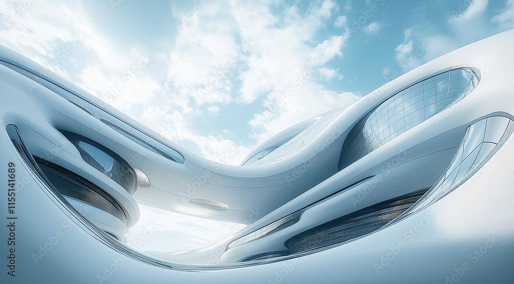 Poster 3d render of a sleek, white parametric architecture building with curved, fluid shapes. minimalistic