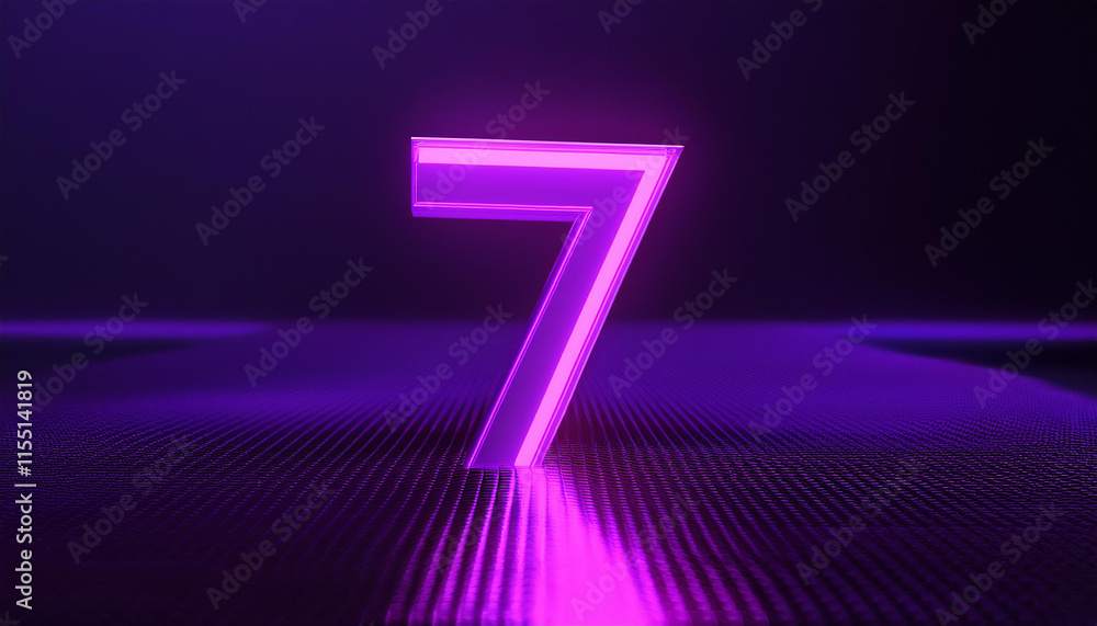 Poster neon number 7 seven. 3d rendering. dark backdrop.