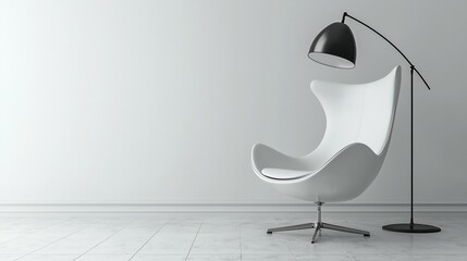 Modern white chair and black floor lamp in minimalist room.