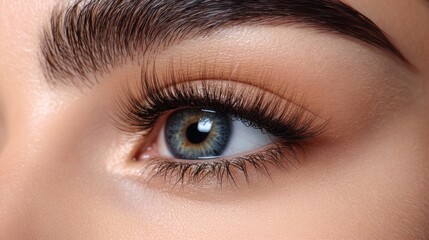 Close-up of a woman's eye with long lashes and defined eyebrows.