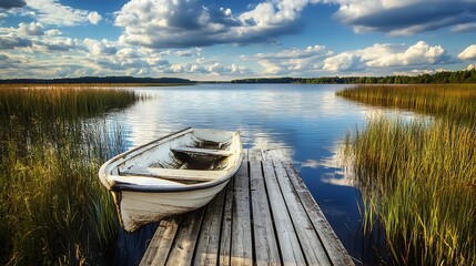 Obraz premium Rowboat on Wooden Dock at Calm Lake