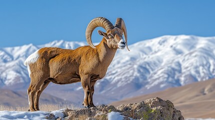 Majestic markhor ram atop a snowy mountain ridge.