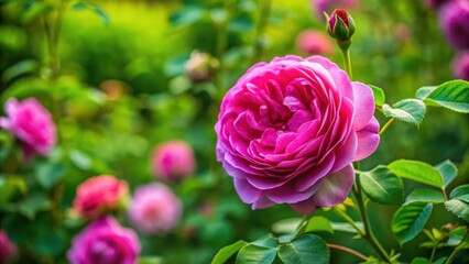 A single damask rose flower with its petals slightly curved and facing downwards in a lush green garden surrounded by other flowers, bloom, nature