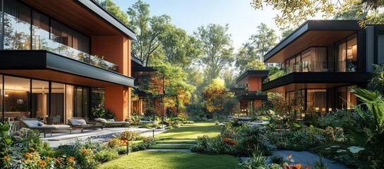 Obraz premium Modern architectural design featuring lush gardens and serene outdoor spaces.