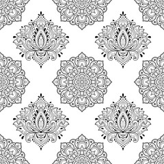 Seamless decorative ornament in ethnic oriental style. Lotus flower and mandala for Henna, Mehndi, tattoo, decoration. Doodle outline hand draw vector illustration.