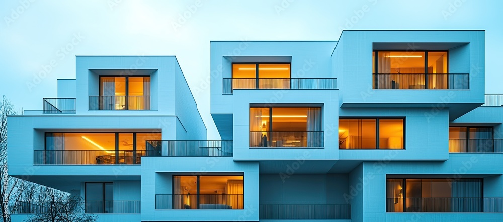 Poster modern architectural design featuring multiple residential units with illuminated windows.