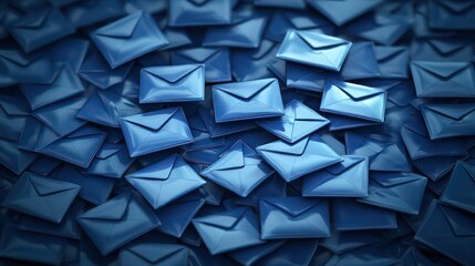 A large pile of blue, glossy envelopes representing a high volume of email or messages.