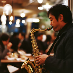 Jazz musician plays saxophone in a lively restaurant during an evening performance