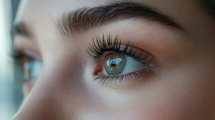 Obraz premium Close-up of a woman's green eye looking off to the side.