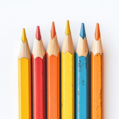 Colorful collection of sharpened pencils arranged neatly on a white surface for art and creativity